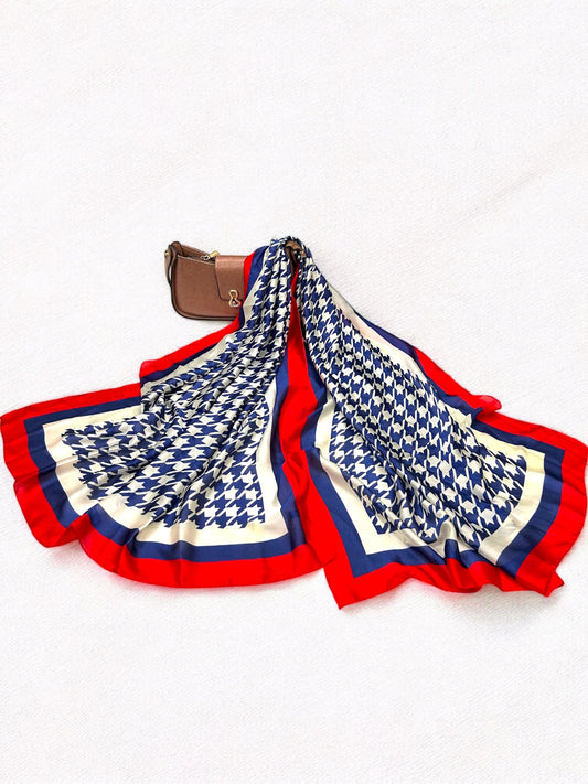 Large Satin Silk Scarf - Creamy Blue Houndstooth