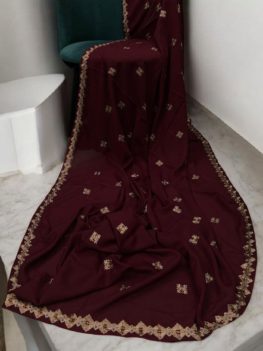 Pomegranate Maroon Peach Floral Diamond Embroidered Shaal