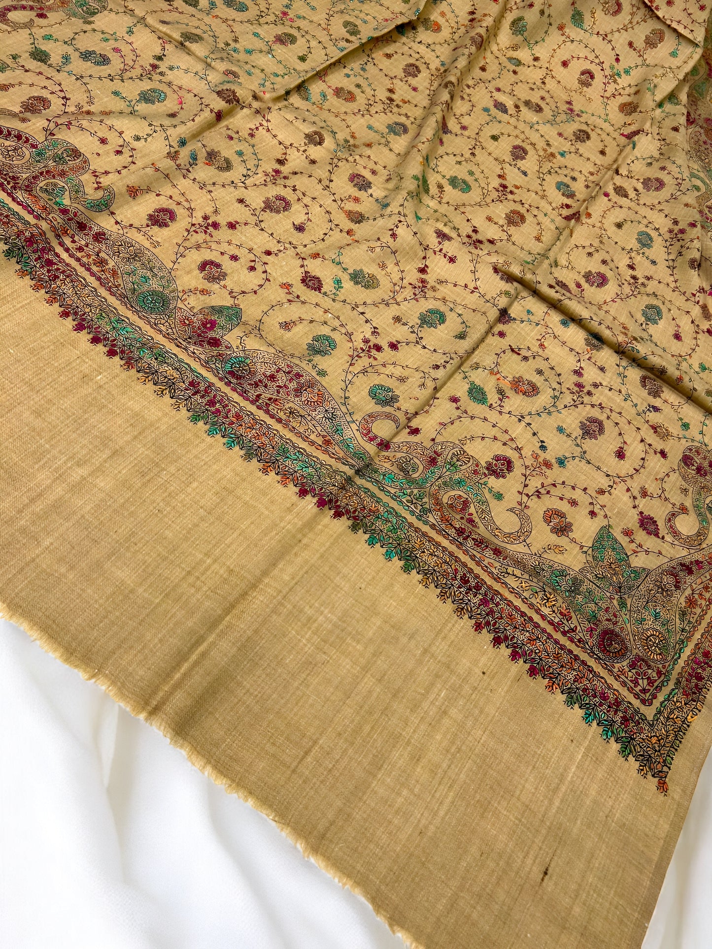 Khaki Teal Magenta - Hand Embroidered Paisley Kashmiri Shawl