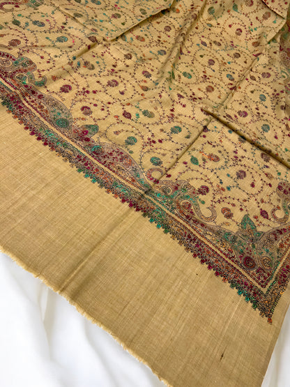 Khaki Teal Magenta - Hand Embroidered Paisley Kashmiri Shawl