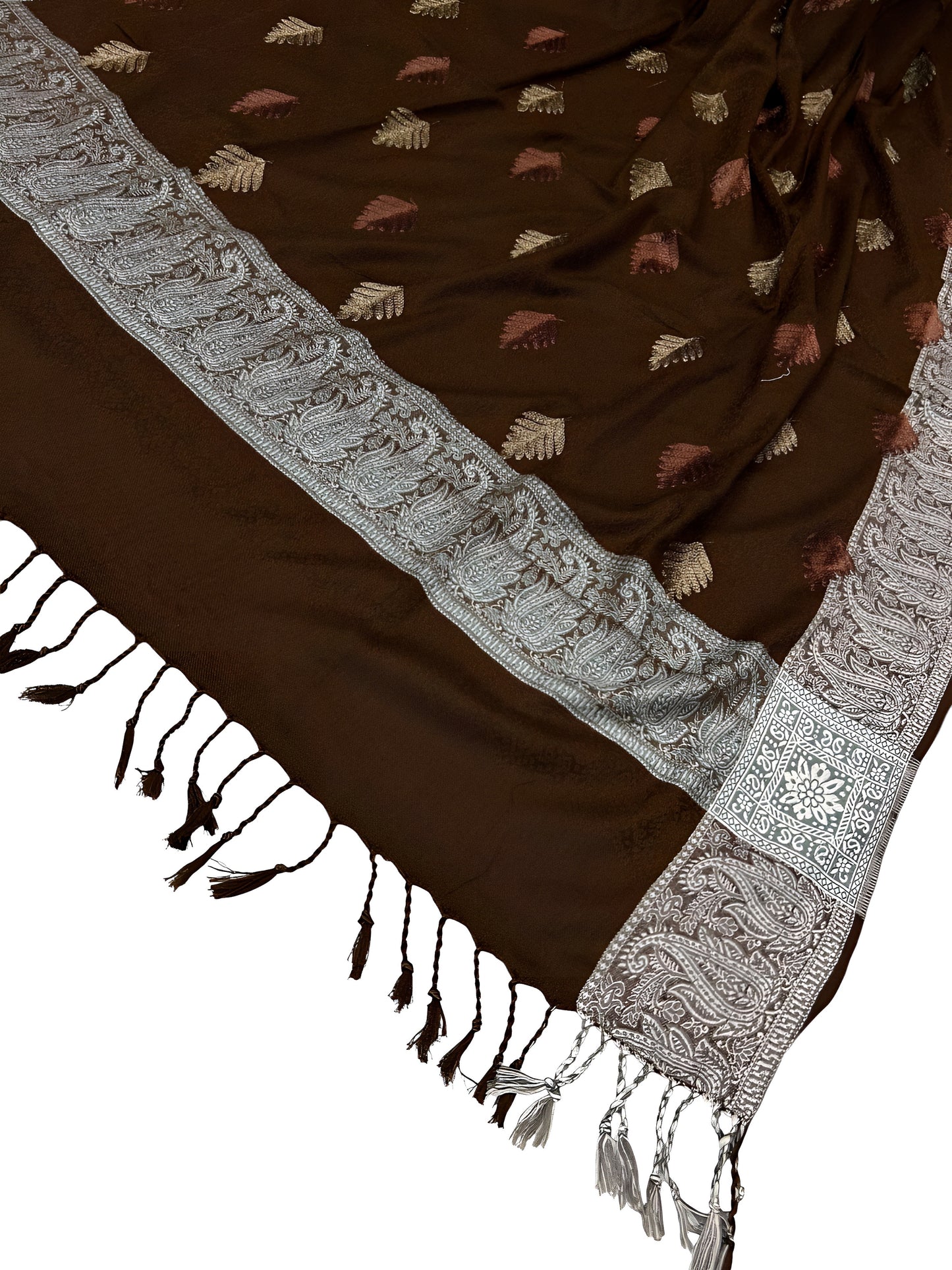 Chocolate Brown - Leaflet Kashmiri Border Shawl