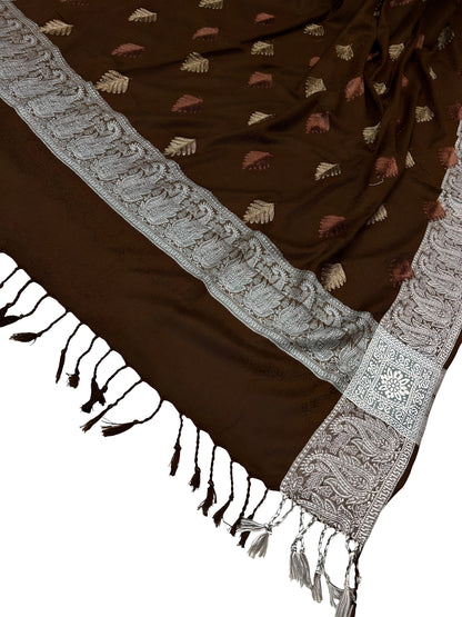 Chocolate Brown - Leaflet Kashmiri Border Shawl