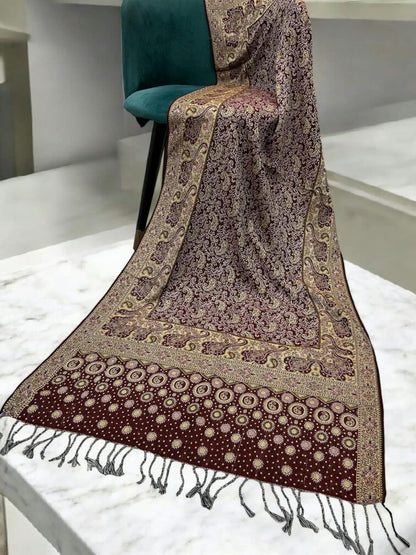 Plum Butter Yellow Silver Dotted Two-tone Paisley Pashmina Hijab