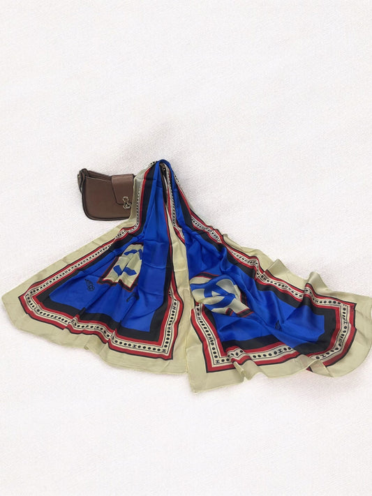 Satin Silk Scarf - Ink Blue Beige Chanel