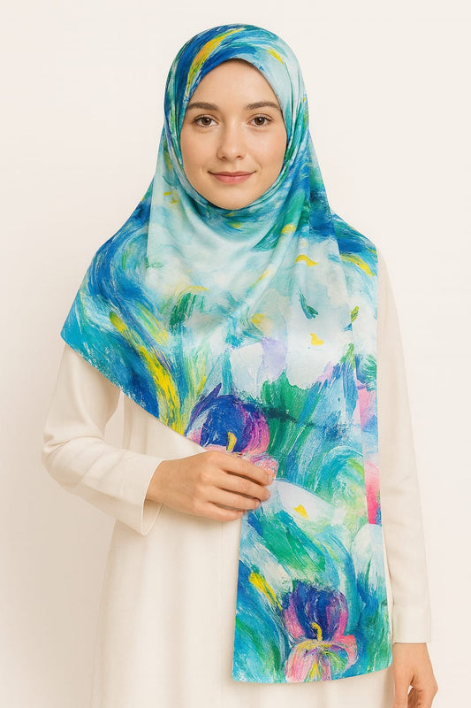 Large Satin Silk Scarf - Teal Blue Splashes