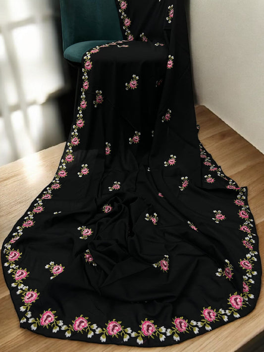 Black Pink Floral Garden Embroidered Shaal
