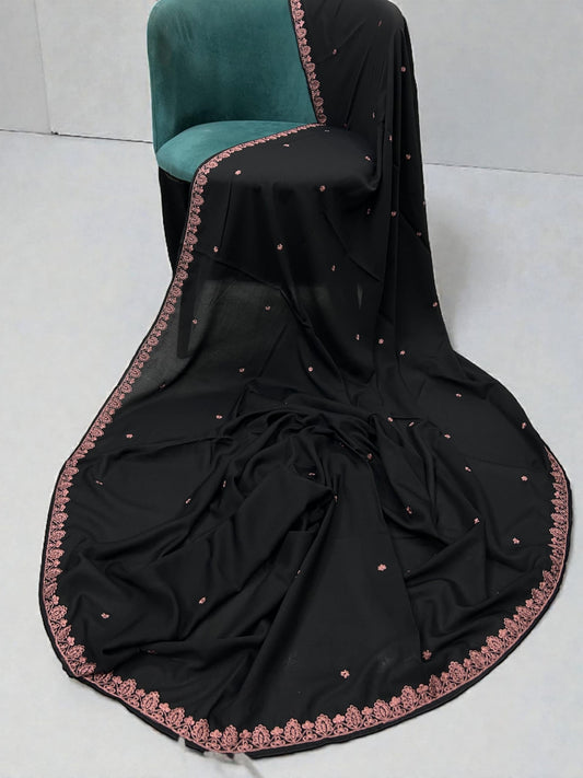 Black Flamingo Pink Floral Embroidered Shaal