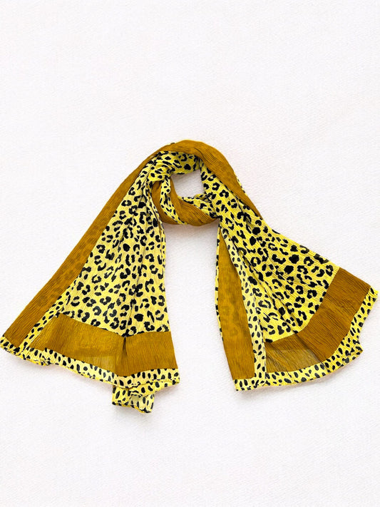 Lime Yellow Plain Border Leopard Printed Pleated Modal Hijab