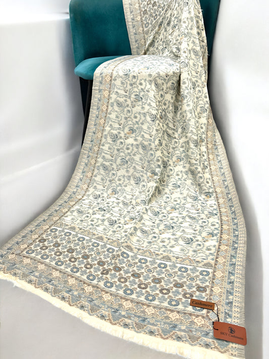 Cream Silver Blue Floral Scroll Kani Pashmina Hijab