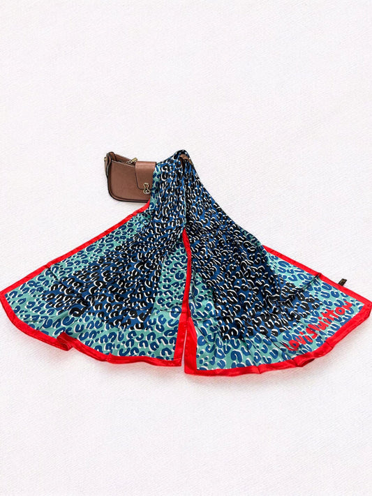 Satin Silk Scarf - Blue Lagoon Red Border