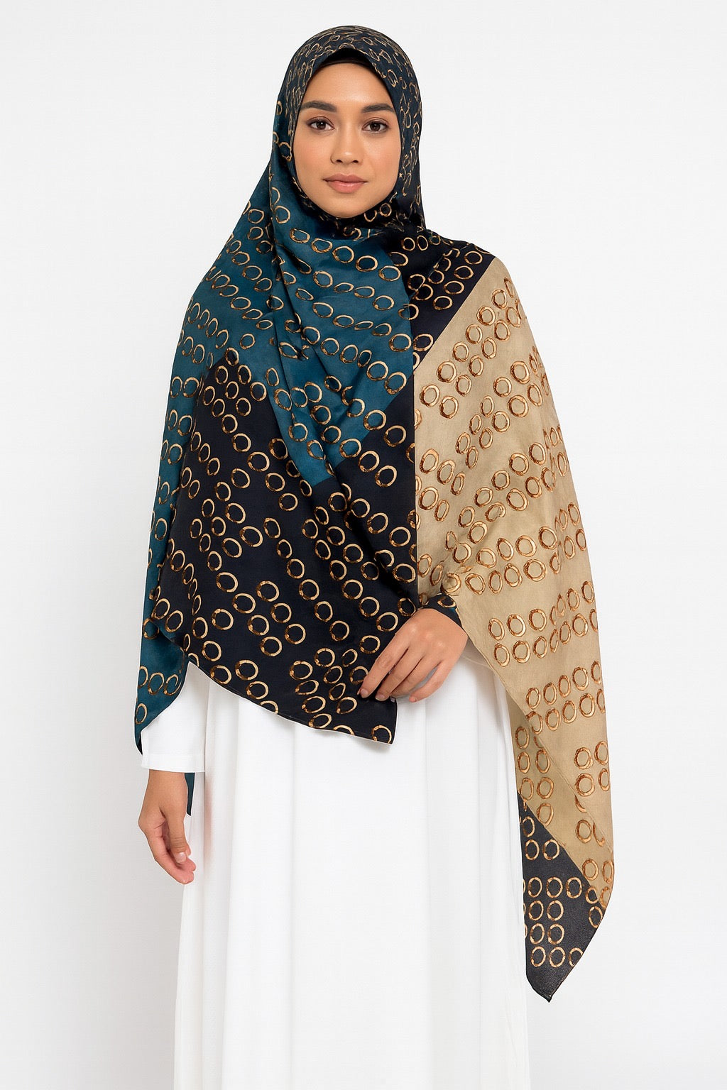 Large Satin Silk Scarf - Blue Gold Rings