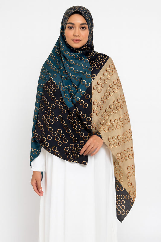 Large Satin Silk Scarf - Blue Gold Rings