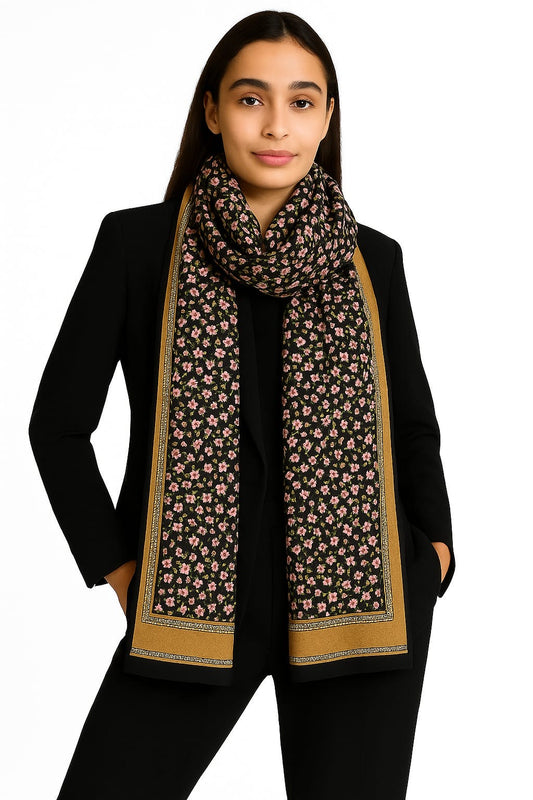 Printed Viscose Wool Hijab - Black Pink Little Floral