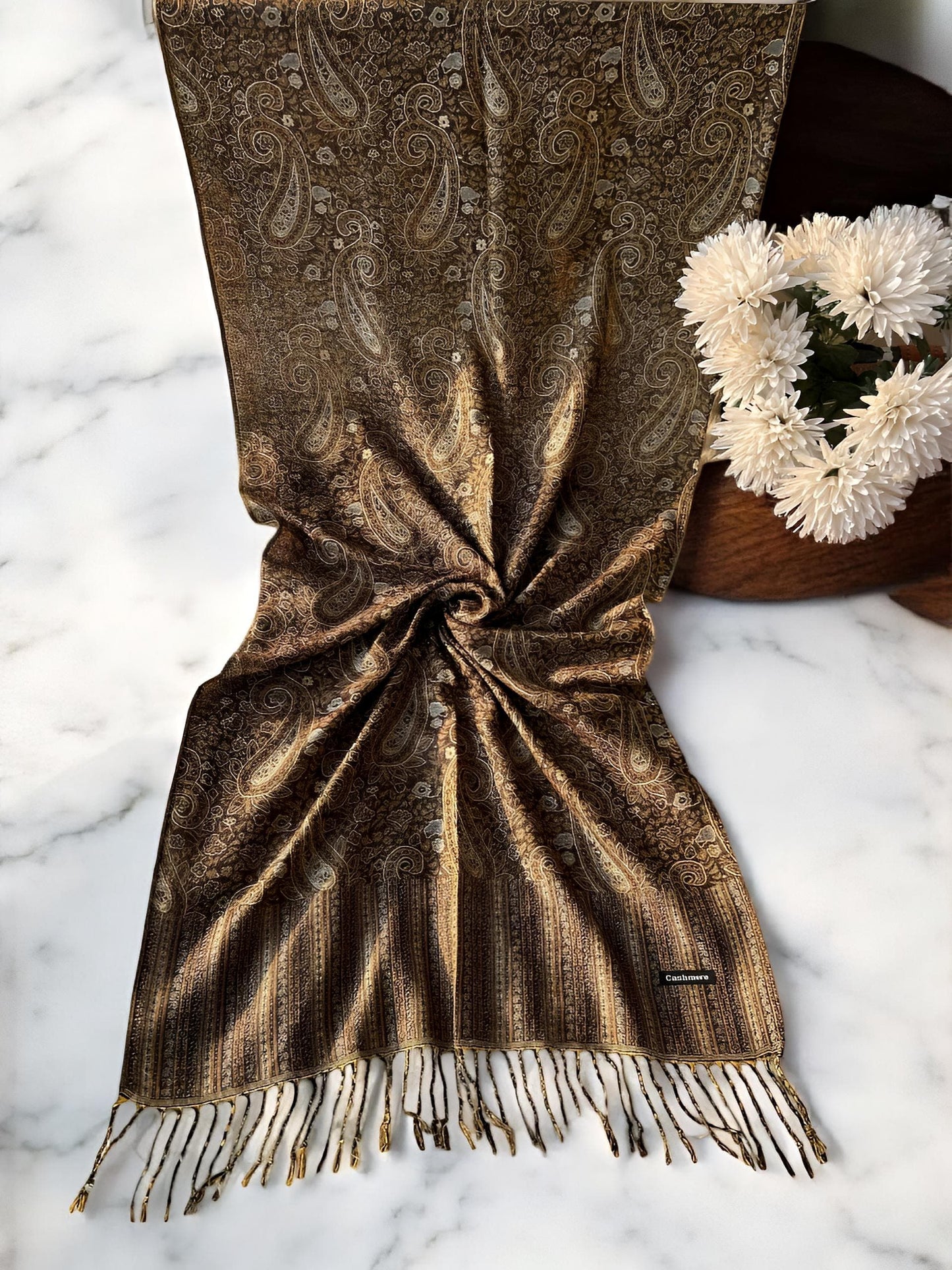 Coffee White Paisley Pashmina Hijab Shaal