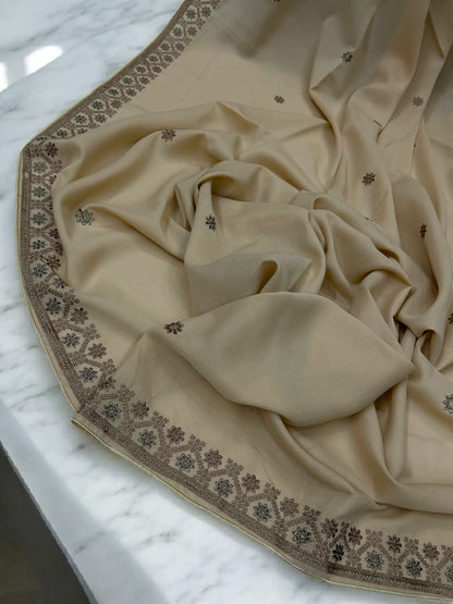 Champagne White Flowers Threadwork Embroidered Border Shaal