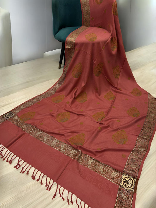 Coral Gold Border Embroidered Mustard Patchwork Pashmina Shawl