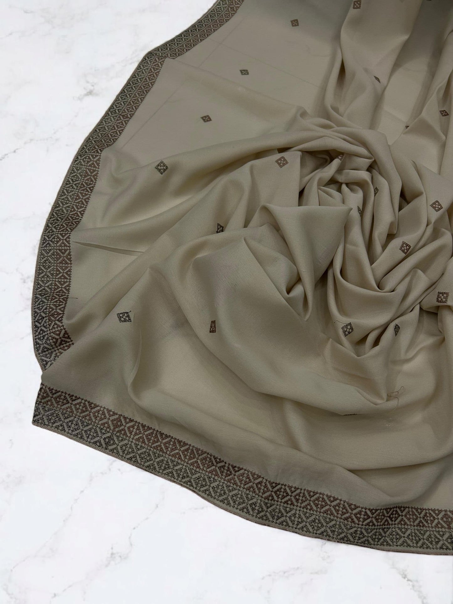 Creamy White Double Border Embroidered Shaal