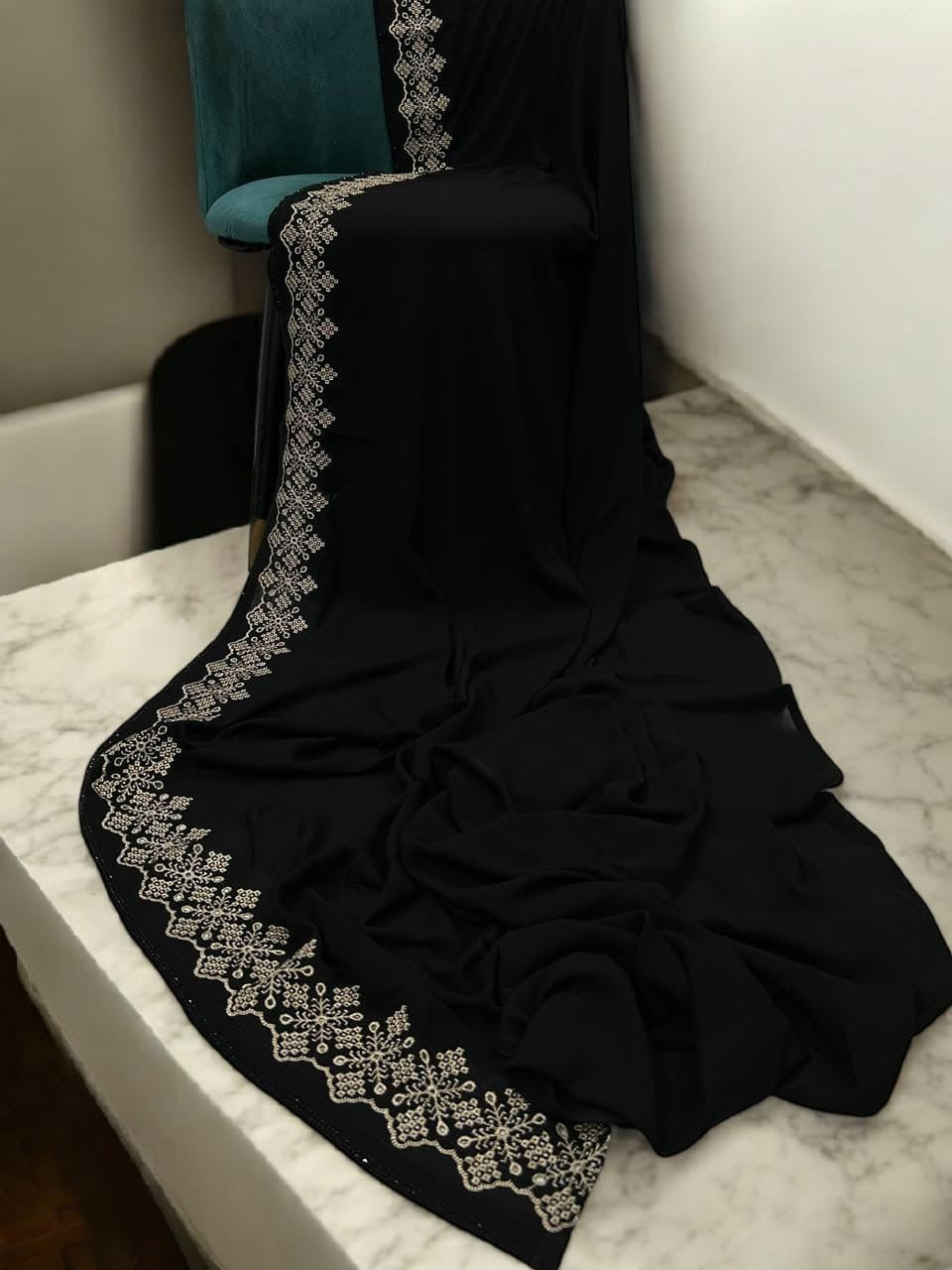 Luxury Black Cream Cutwork Border Korean Shaal