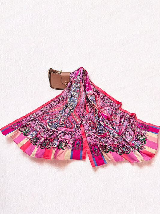 Satin Silk Scarf - Barbie Pink Blush Lined Paisleys