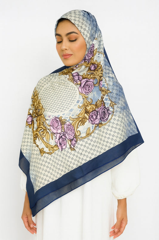 Large Satin Silk Scarf - Blue Purple Floral Gucci