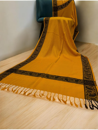 Yellow Plain Paisleys Border Pashmina Hijab
