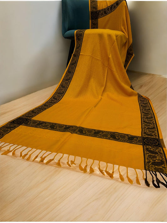 Yellow Plain Paisleys Border Pashmina Hijab