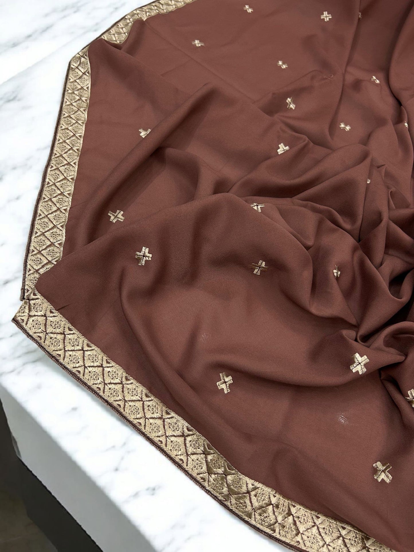 Teracotta Cream Double Curved Border Embroidered Shaal