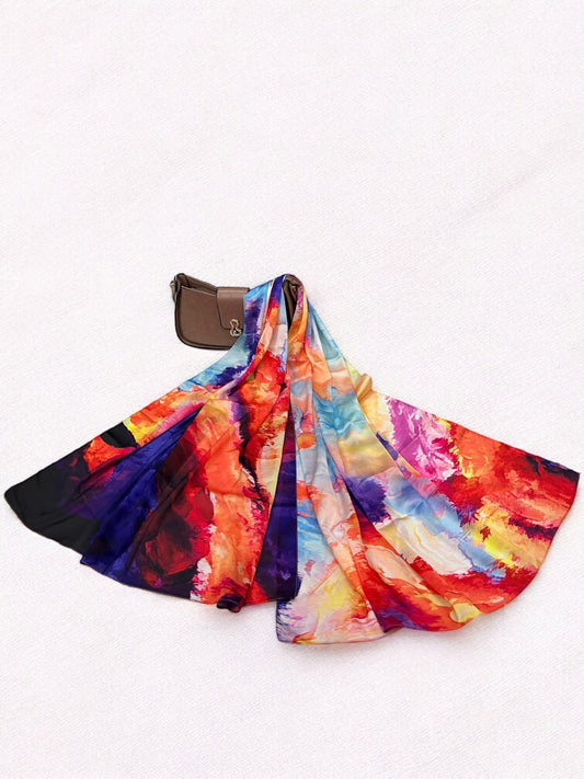 Large Satin Silk Scarf - Flaming Red Blue Shades