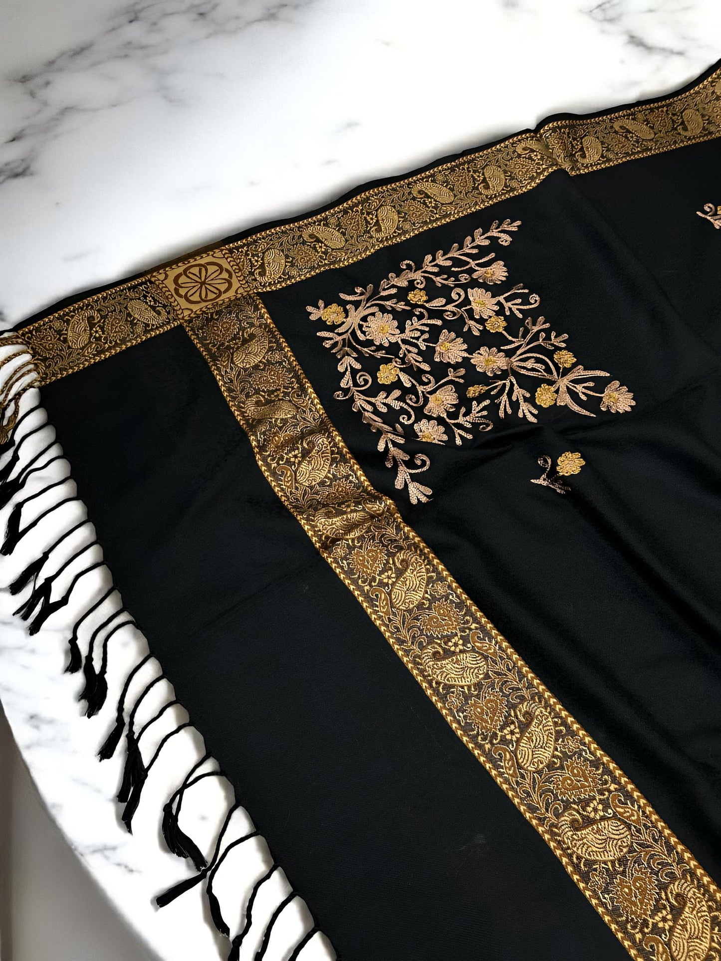 Black Gold Border Embroidered Blush Floral Shawl