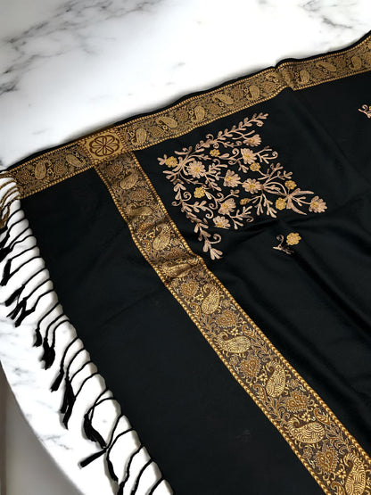 Black Gold Border Embroidered Blush Floral Shawl