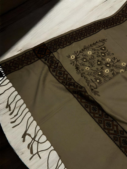 Timber Mahogany Border Embroidered Brown Floral Pashmina Shawl