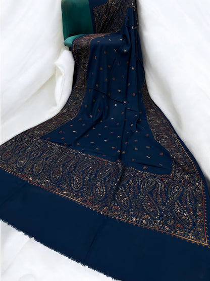 Navy Blue Multi - Hand Embroidered Paisley Kashmiri Shawl