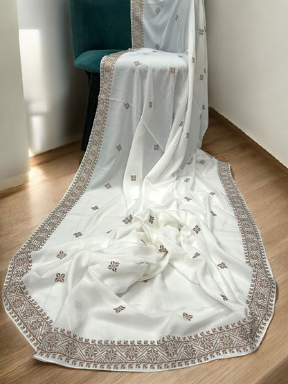 White Brown Mosaic Fancy Embroidered Shaal