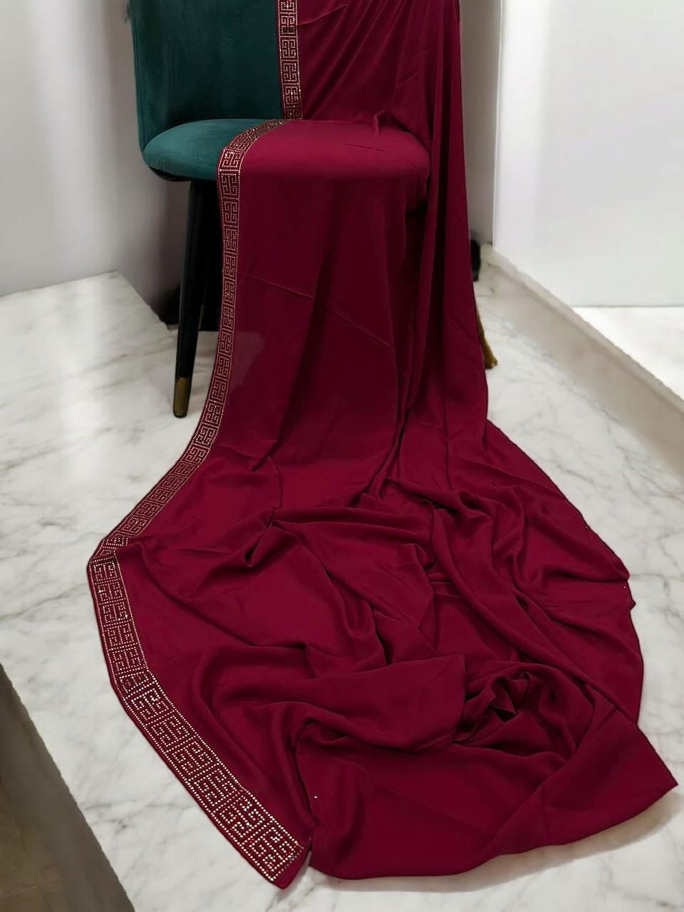 Luxury Deep Rose Pink Maze Border Korean Shaal