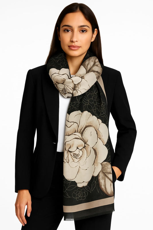 Printed Viscose Wool Hijab - Clay Brown Floral