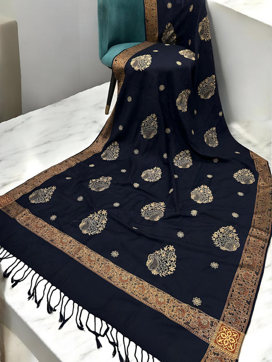 Navy Orange Border Embroidered Cream Patchwork Pashmina Shawl