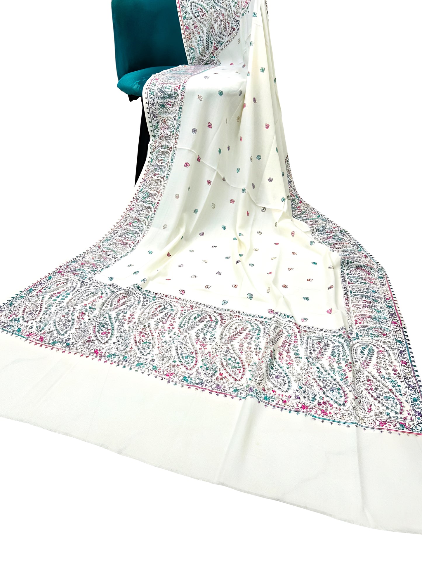 White Magenta Teal - Hand Embroidered Paisley Kashmiri Shawl
