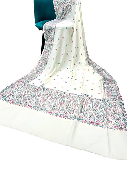 White Magenta Teal - Hand Embroidered Paisley Kashmiri Shawl