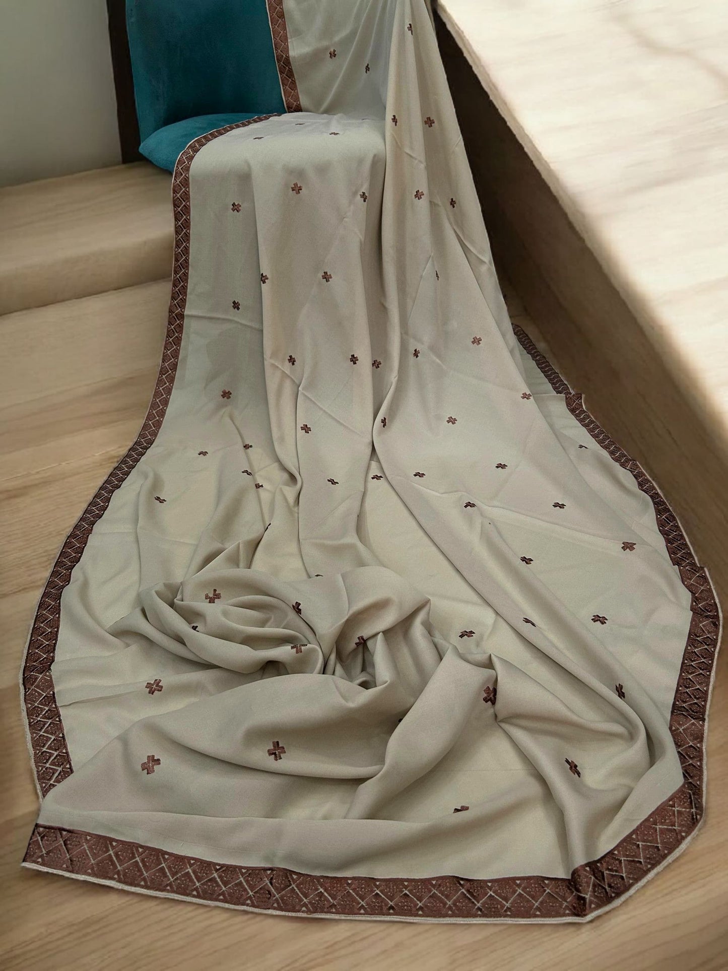 Khaki Maroon Double Curved Border Embroidered Shaal