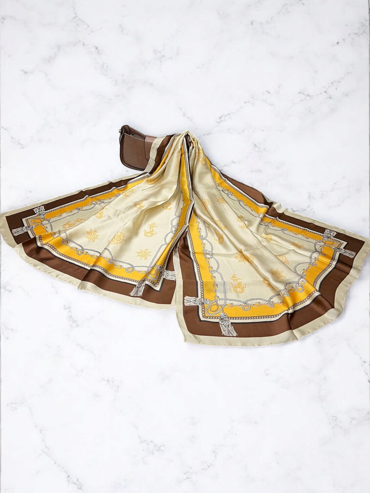 Large Satin Silk Scarf - Cream Custard Brown
