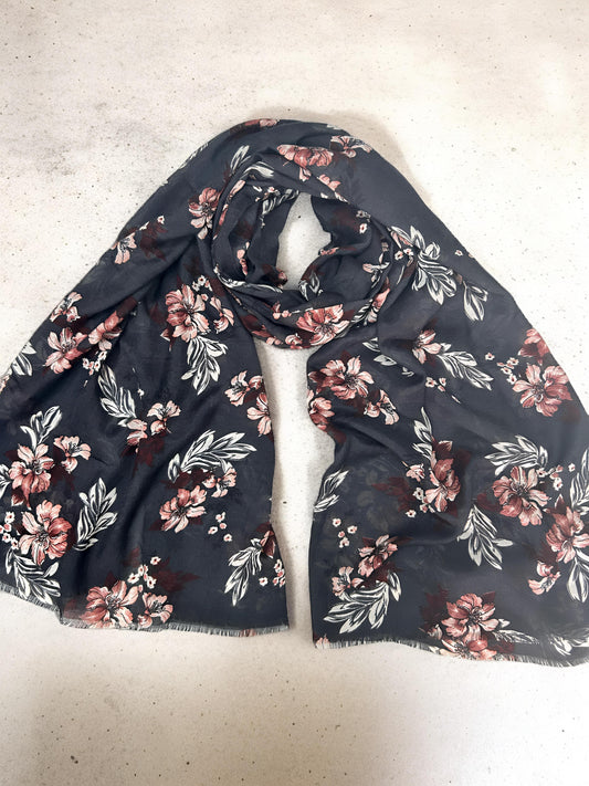 Charcoal Blue Floral Printed Modal Hijab