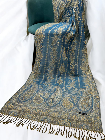 Teal Olive Persian Linear Paisley Two-Tone Pashmina Hijab