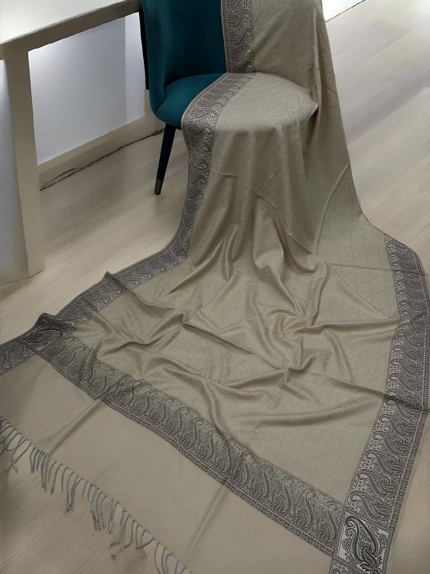 Khaki Brown Border Hand Embroidered Pashmina Shawl