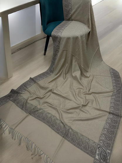 Khaki Brown Border Hand Embroidered Pashmina Shawl