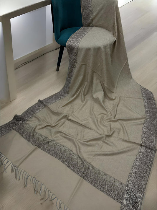 Khaki Brown Border Hand Embroidered Pashmina Shawl