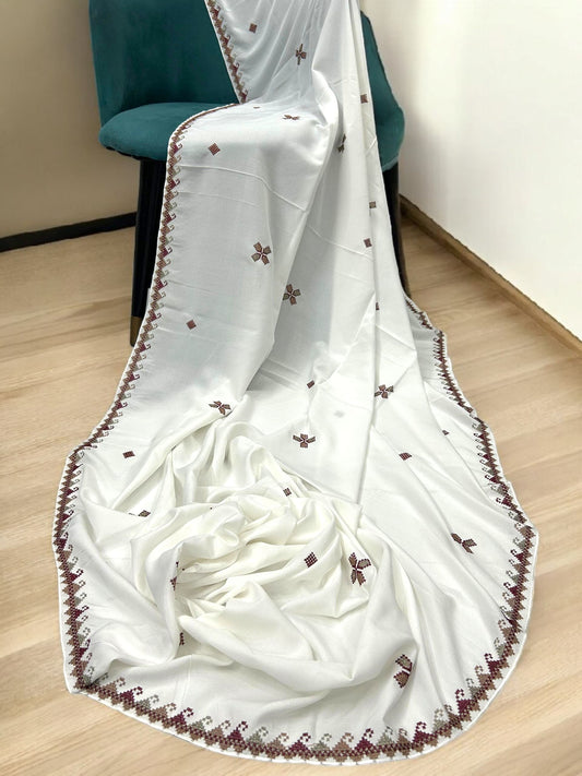 White Maroon Mosaic Embroidered Border Shaal