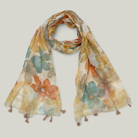 Beige Blue Flowers Printed Modal Hijab