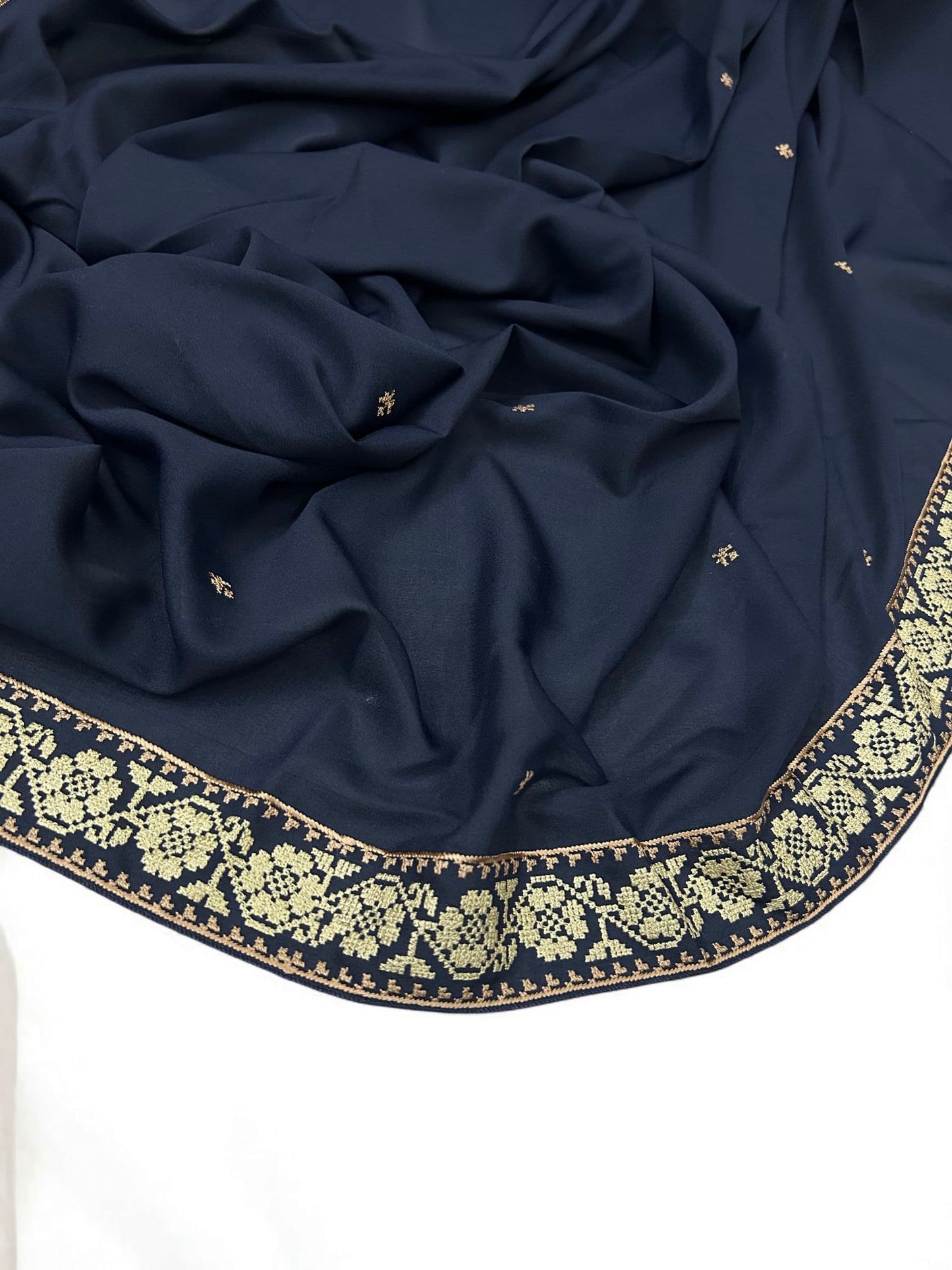 Navy Blue Double Flowers Embroidered Shaal