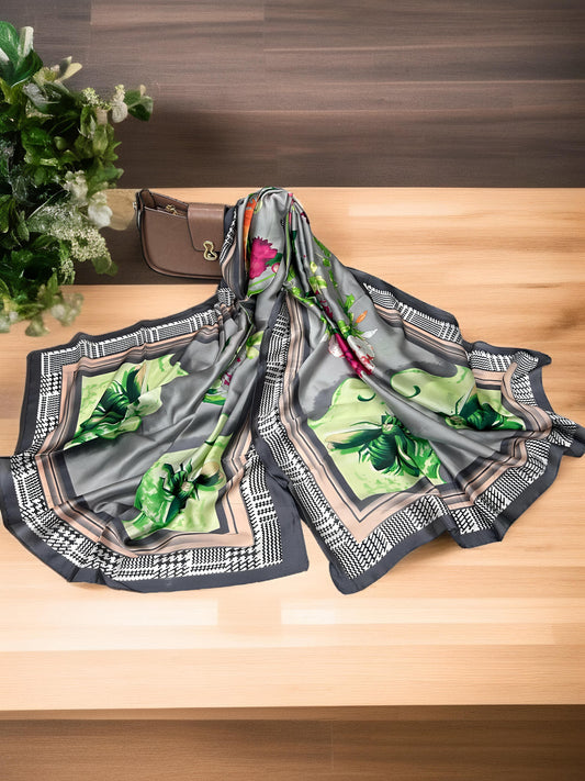 Large Satin Silk Scarf - Grey Green Garden