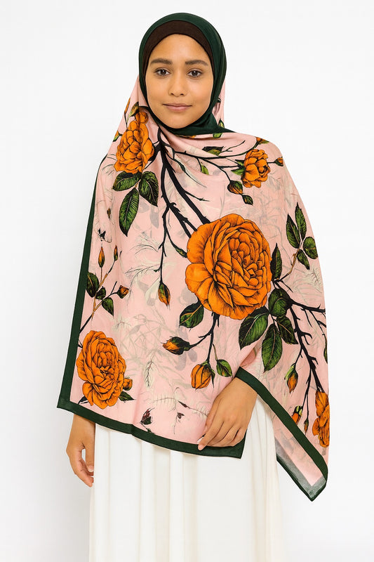 Large Satin Silk Scarf - Blush Pink Pumpkin Floral